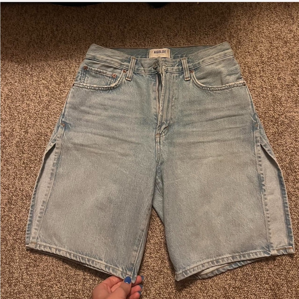 Agolde high rise relaxed straight denim shorts in light wash blue